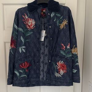 Johnny Was Sherpa Collar Jacket Floral Quilted Weslie Denim Blue